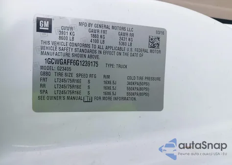 2016 Chevrolet Express 2500 Work Van from USA, damaged, VIN 1GCWGAFF6G1239175